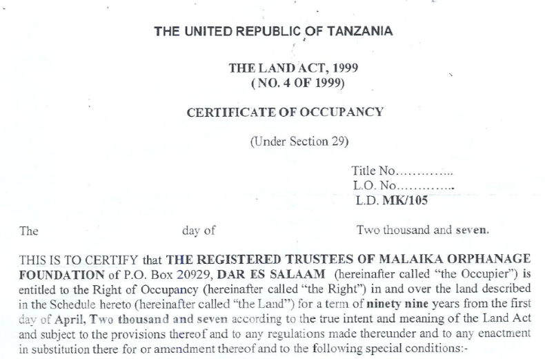 Het is officieel; 99 jaar recht op het land in Mkuranga